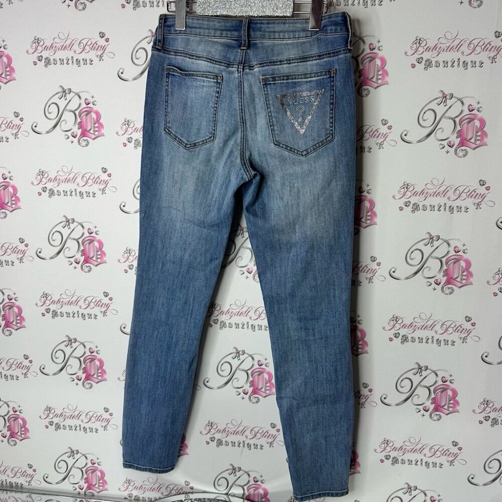 Guess rhinestone Blue Skinny Jeans with Stretch and Tapered Fit bling diamonds